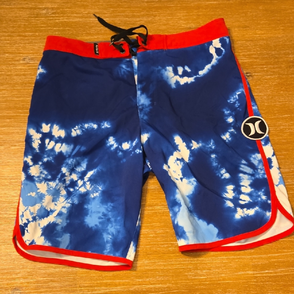Hurley Blue Tie-Dye Swim Shorts with Red Accents